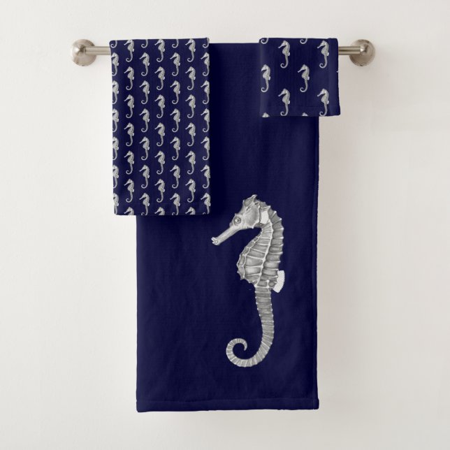Modern Nautical Seahorse Bathroom  Navy Blue Grey Bath Towel Set (Insitu)