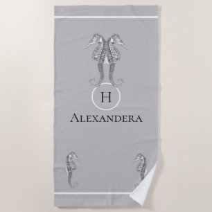 Modern Nautical Seahorse Marine Grey Beach Towel
