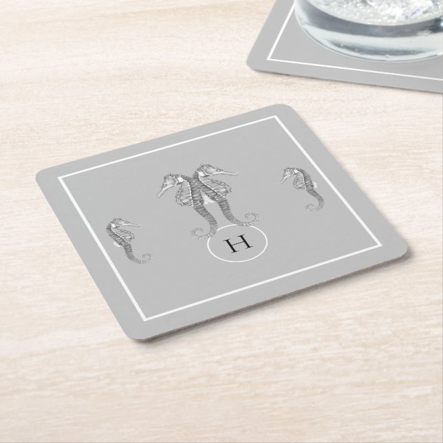 Modern Nautical Seahorse  Marine Grey Square Paper Coaster (Angled)