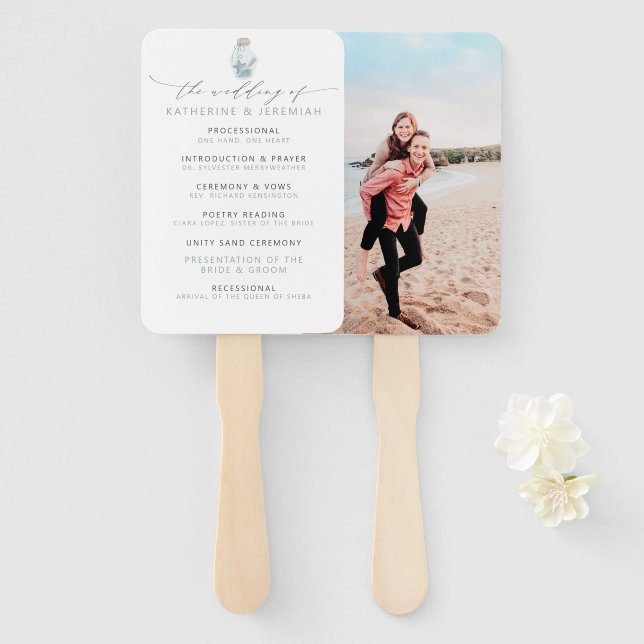 Modern Nautical Seashell Photo Wedding Program Hand Fan (Front and Back)