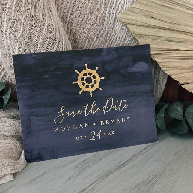 Modern Nautical Ship Helm Gold Foil Save the Date Foil Invitation Postcard (Creator Uploaded)