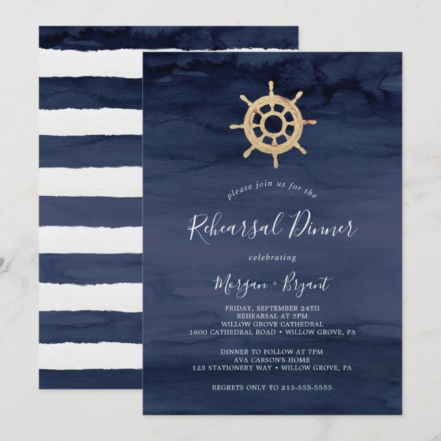 Modern Nautical | Ship Helm Rehearsal Dinner Invitation (Front/Back)