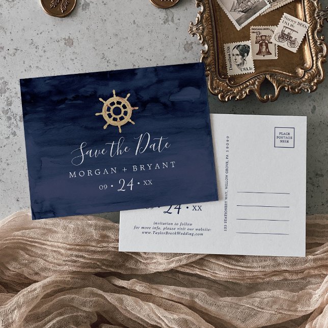 Modern Nautical | Ship Helm Save the Date Postcard (Creator Uploaded)