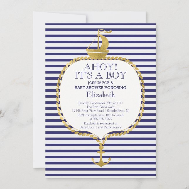 Modern Nautical Stripe Gold Anchor Baby Shower Invitation (Front)