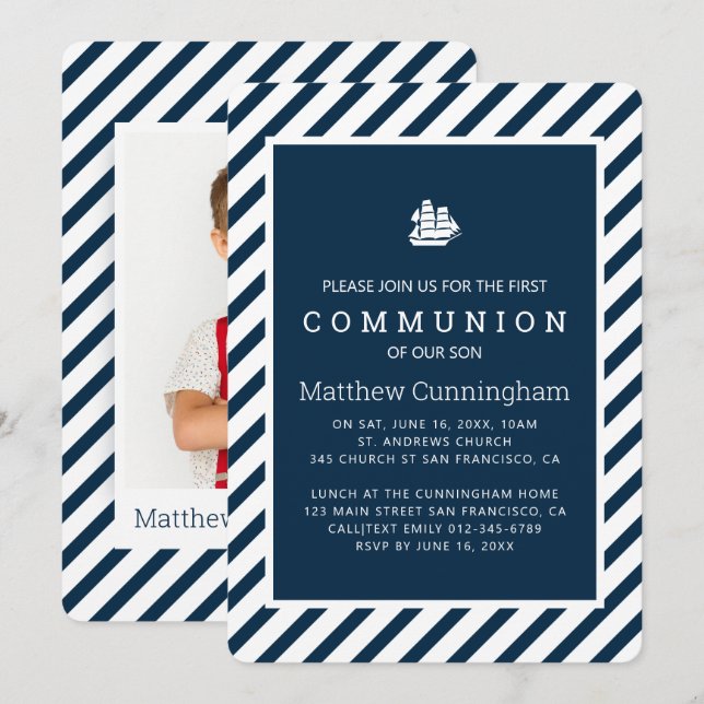 Modern Nautical Stripes Communion Invitation (Front/Back)