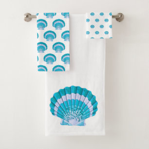 Modern Nautical Teal Blue Seashell Shell Beach  Bath Towel Set