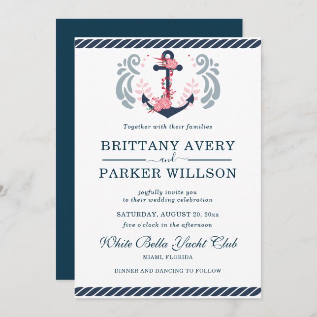 Modern Nautical Wedding Anchor Invitation (Front/Back)