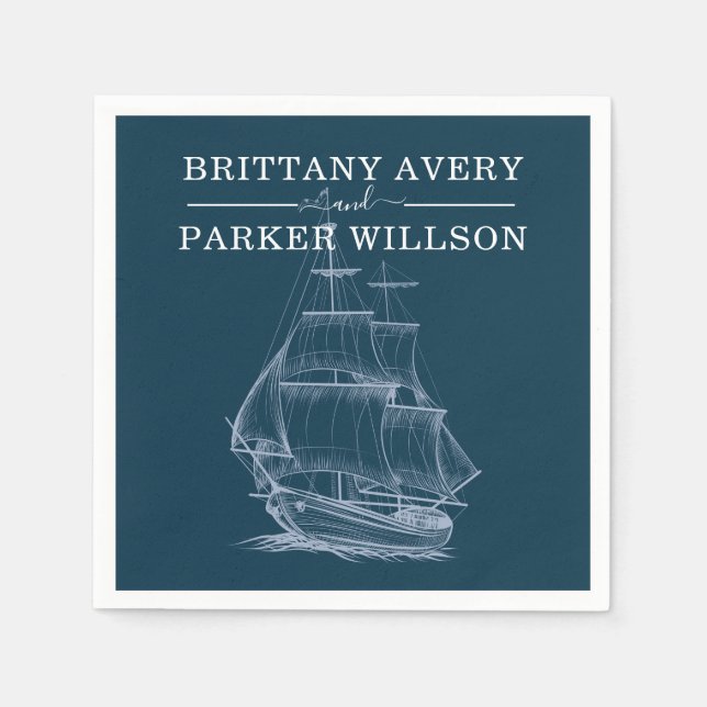 Modern Nautical Wedding Blue Boat Napkin (Front)
