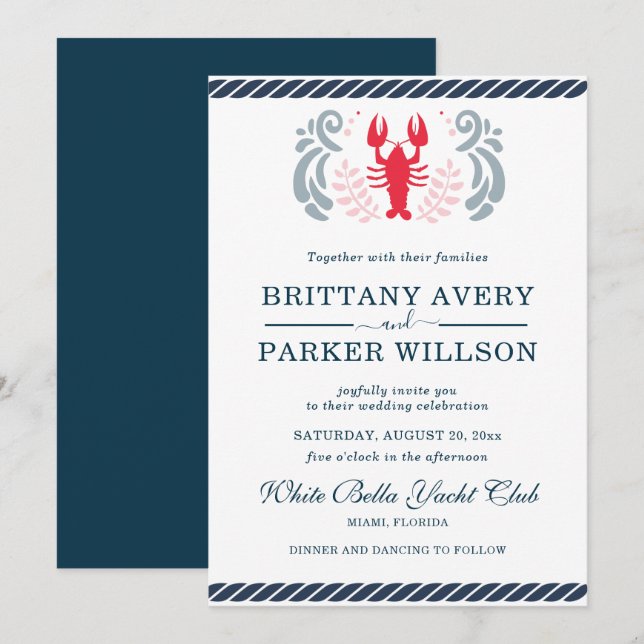 Modern Nautical Wedding Crab Invitation (Front/Back)