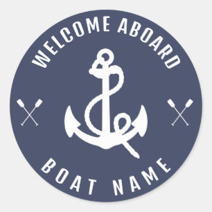 Modern Nautical Welcome Aboard Boat Name Anchor    Classic Round Sticker