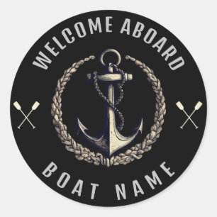 Modern Nautical Welcome Aboard Boat Name Anchor Classic Round Sticker
