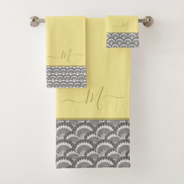 Modern Nautical Yellow Grey Seashell Shell Elegant Bath Towel Set (Insitu)