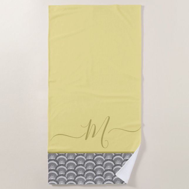 Modern Nautical Yellow Grey Seashell Shell Elegant Beach Towel (Front)