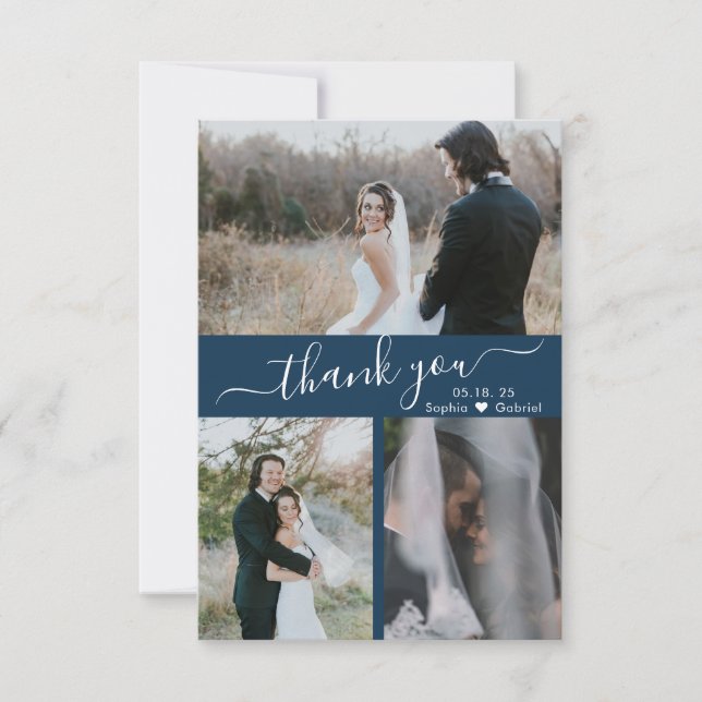 Modern Navy 3 Photo Collage Wedding Thank You  (Front)