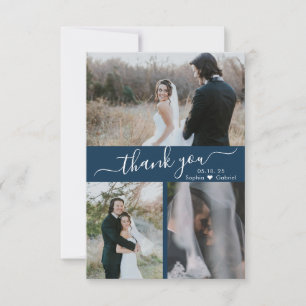 Modern Navy 3 Photo Collage Wedding Thank You 