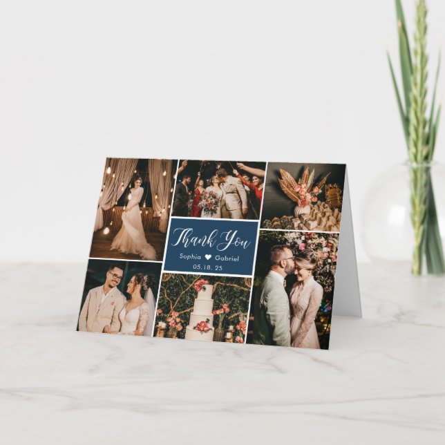 Modern Navy 6 Photo Collage Mariage Carte de remer (Devant)