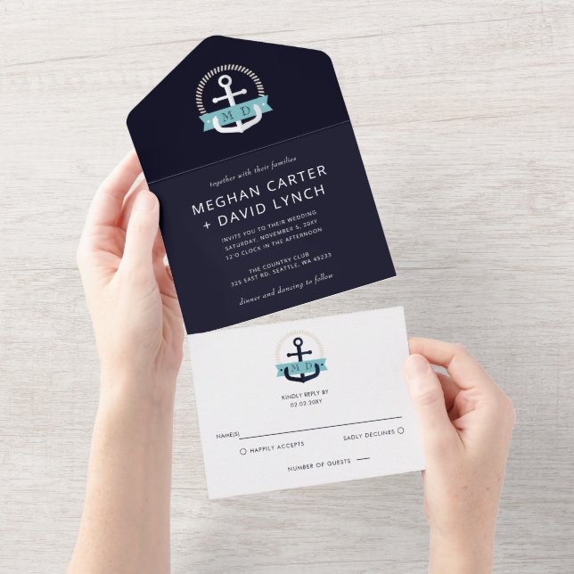 Modern Navy Anchor Nautical Monogram Wedding All In One Invitation (Tearaway)