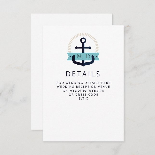 Modern Navy Anchor Nautical Monogram Wedding  Encl Enclosure Card (Front/Back)