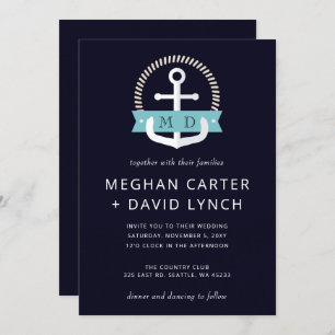 Modern Navy Anchor Nautical Monogram Wedding Invitation