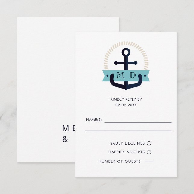 Modern Navy Anchor Nautical Monogram Wedding RSVP  Card (Front/Back)