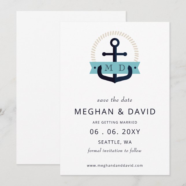 Modern Navy Anchor Nautical Monogram Wedding  Save Save The Date (Front/Back)