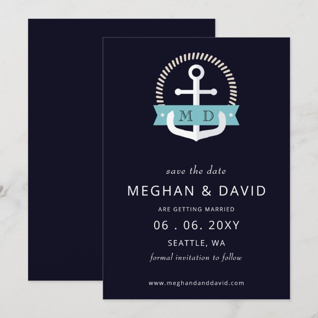 Modern Navy Anchor Nautical Monogram Wedding  Save The Date (Front/Back)