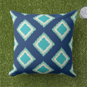 Modern Navy and Aqua Blue Diamond Ikat Pattern Throw Pillow