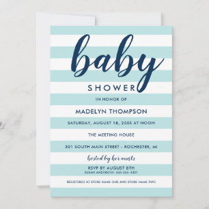 Modern Navy and Aqua Blue Stripes Baby Boy Shower Invitation