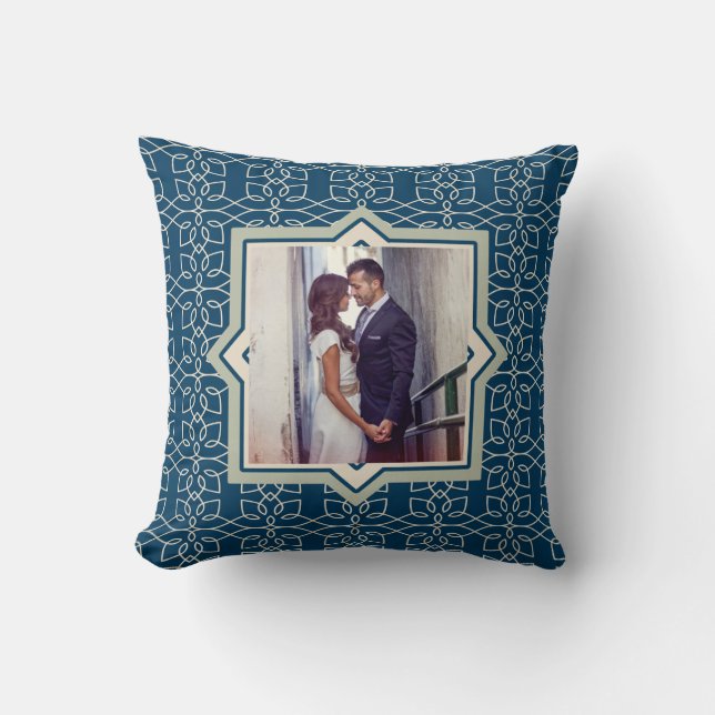 Modern Navy and Blush Pattern with Two Photos Throw Pillow (Front)