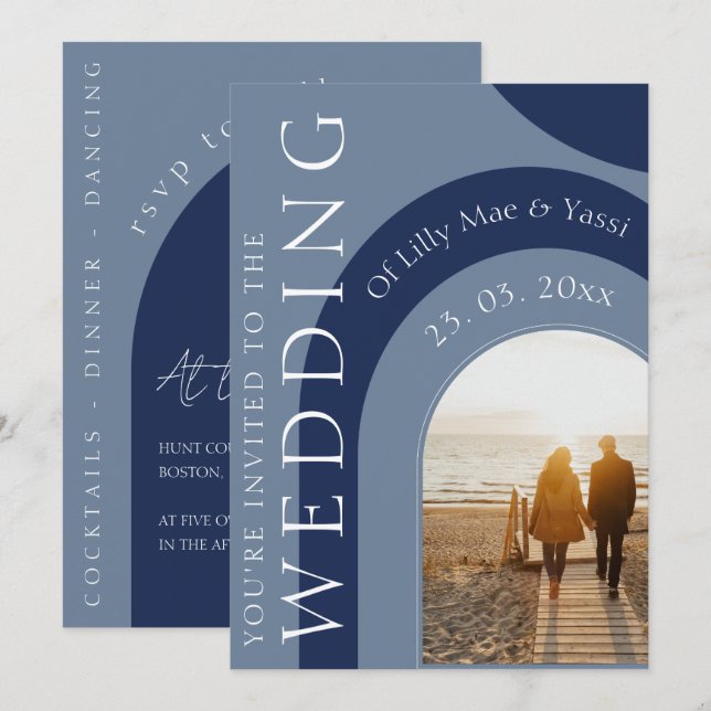 Modern Navy and Dusty Blue Arch Photo Wedding Invitation (Front/Back)