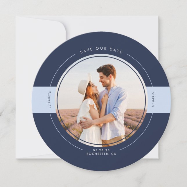 Modern Navy and Dusty Blue Save the Date Photo (Front)