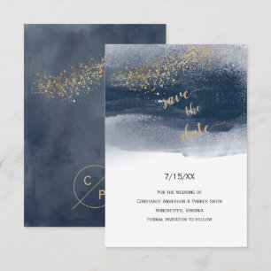 Modern Navy and Gold Brushstrokes Save the Date