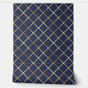 Modern Navy and Gold Diamond Grid Wallpaper