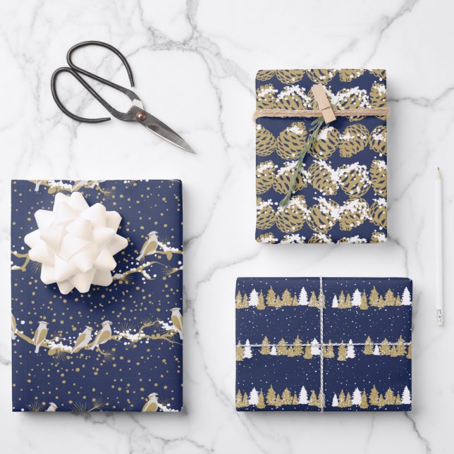 Modern Navy And Gold Red Cardinal Winter Christmas Wrapping Paper Sheet (Front)