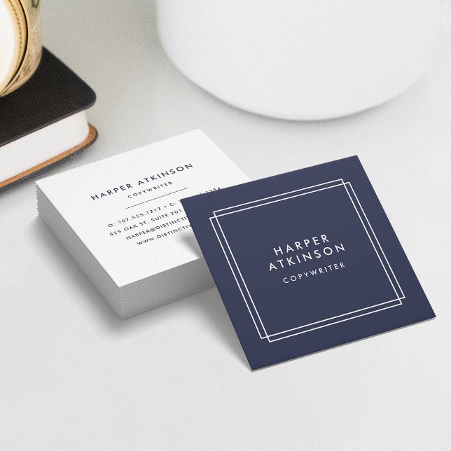Modern Navy and White Bordered Square Business Card (Creator Uploaded)