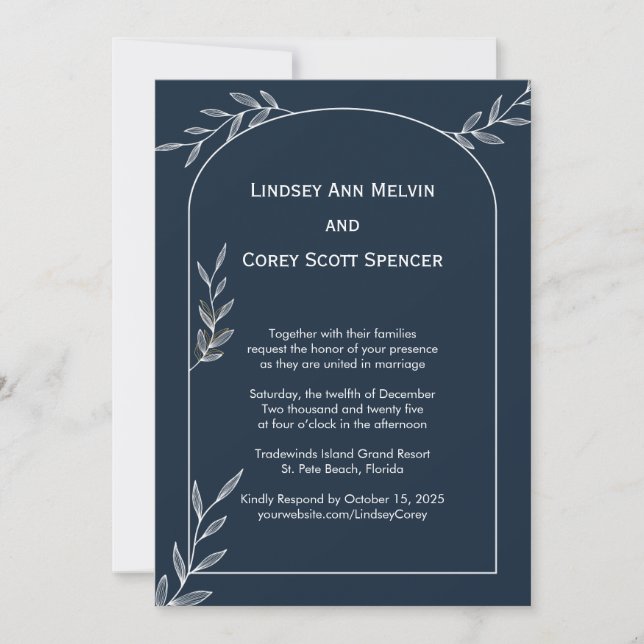 Modern Navy and White Leaf Wedding Invitation (Front)