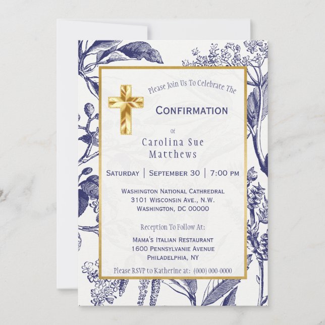 Modern Navy and White Leaves Floral Confirmation Invitation (Front)
