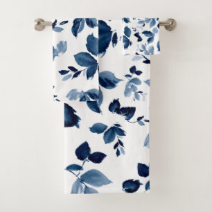 Modern Navy and White Watercolor Botanical Bath Towel Set