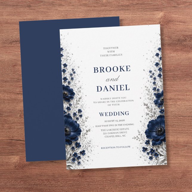 Modern Navy Anemone Silver Glitter Dust Wedding Invitation (Creator Uploaded)