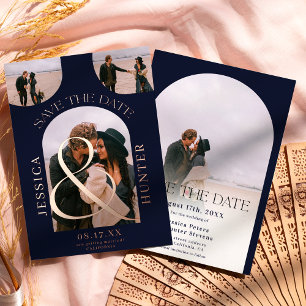 Modern navy arch 4 photos wedding save the date