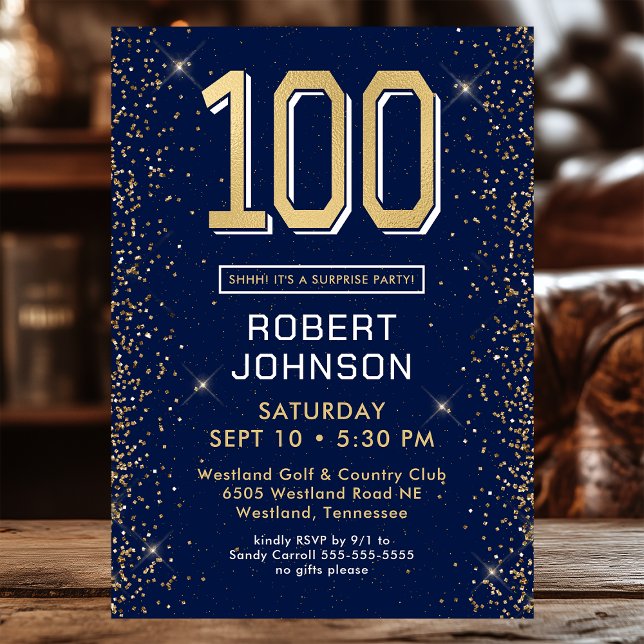 Modern Navy Blue 100th Birthday Surprise Party Invitation (Creator Uploaded)