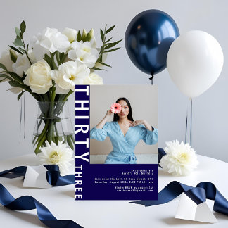Modern Navy Blue 33rd Birthday Photo Invitation