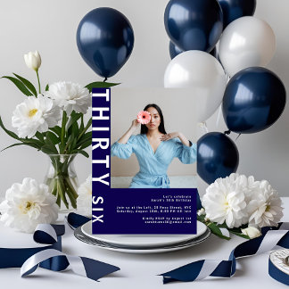 Modern Navy Blue 36th Birthday Photo Invitation