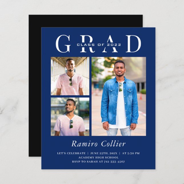 Modern Navy Blue 3 Photo Graduation Invitation (Front/Back)