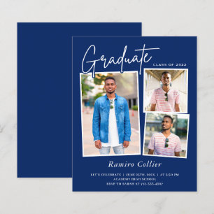 Modern Navy Blue 3 Photo Graduation Invitation