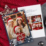 Modern navy blue 5 photo collage Merry Christmas Holiday Card<br><div class="desc">Simple minimal stylish five custom family photos "Merry Christmas and A Happy New Year" (changeable) typography script text overlay Christmas holiday card template with a dark blue frame and snowflakes.                       Easy to personalize with your pictures,  text,  name signature,  and wishes on both sides!</div>