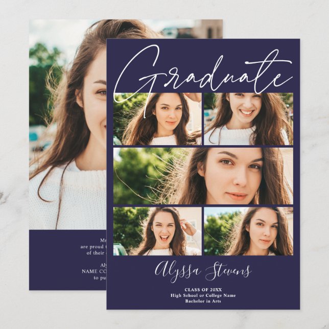 Modern navy blue 6 photos grid collage graduation announcement (Front/Back)