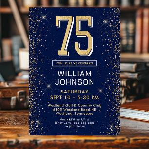 Modern Navy Blue 75th Birthday  Invitation