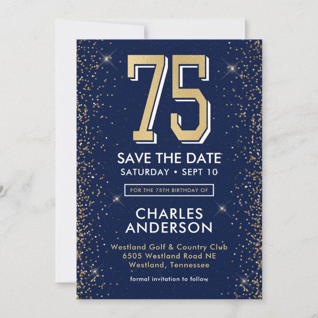 Modern Navy Blue 75th Birthday  Save The Date (Front)