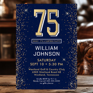 Modern Navy Blue 75th Birthday Surprise Party Invitation